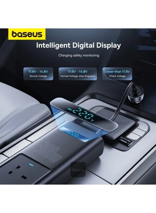 بيسوس توصيلة سيارة بيسوس بقوة 300 واط و 220 فولت عبر الولاعة او بطارية السيارة بمنفذين تايب سي ومنفذ USB ومنفذين طاقة - اسود - Image 4